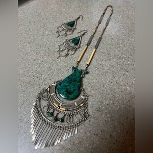 Vtg Peruvian Malachite & Turquoise Necklace w/Bamboo & Sterling Silver